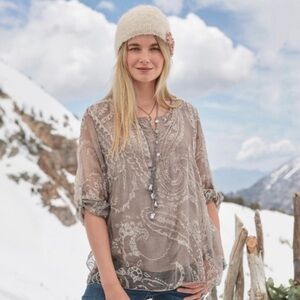 NWT | Scandal | Italian Silk Embossed Peasant overlay crepe sheer blouse | Small